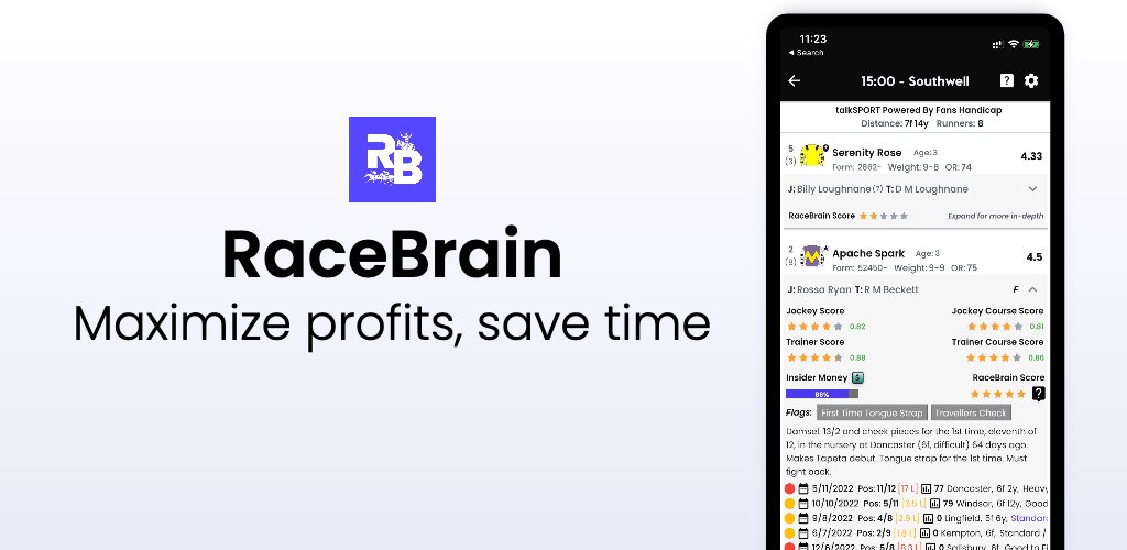 RaceBrain App showing horse racing analysis and tips